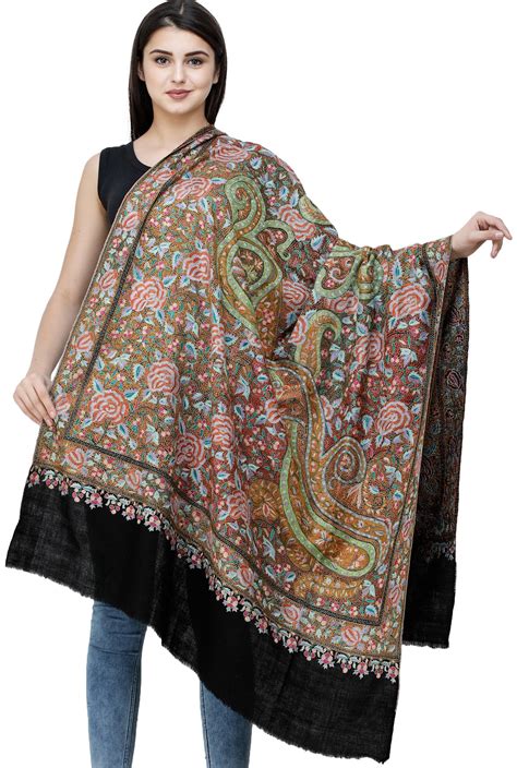 Caviar-Black Pure Pashmina Handloom Shawl from Kashmir with Sozni Embroidery All-Over