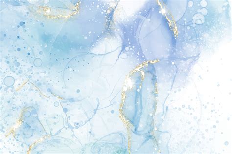 Pastel cyan mint liquid marble watercolor background with gold lines and brush stains. Teal ...