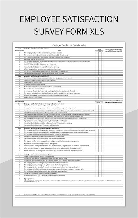 Employee Satisfaction Survey Form XLS Excel Template And Google Sheets File For Free Download ...