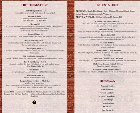 The Penguin Hotel menu in Stevens, Pennsylvania, USA