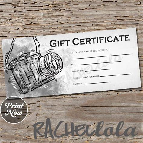 Printable Photography Gift Certificate Template, Photo Session Voucher, Black & White Camera ...