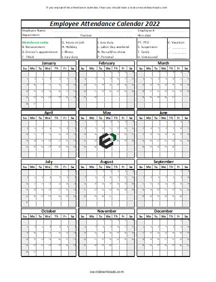 Printable Employee attendance calendar 2022 | excel downloads