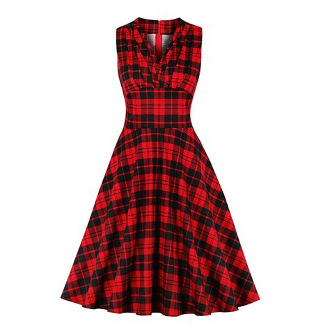 Retro Black And Red Checkered V Neck Sleeveless High Waist Party Swing ...