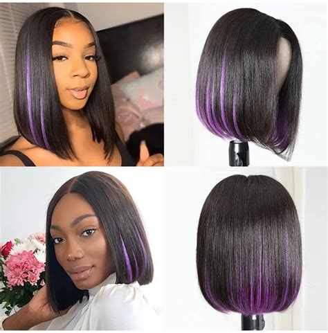 Black Purple Highlights Short Human Hair Bob Wig | RebelsMarket