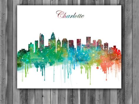 Charlotte Skyline Watercolor Print, Charlotte Skyline Art, Charlotte ...