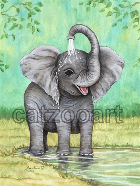 Elephant Spraying Water | Pond Picture | catzooart