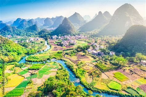 Landscape of Guilin. Li River and Karst mountains. Located near ...