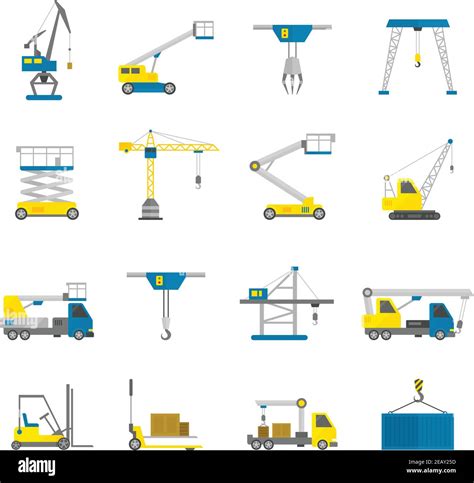 Lifting equipment cargo transportation and construction machinery flat icon set isolated vector ...