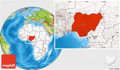 Physical Location Map of Nigeria, highlighted continent