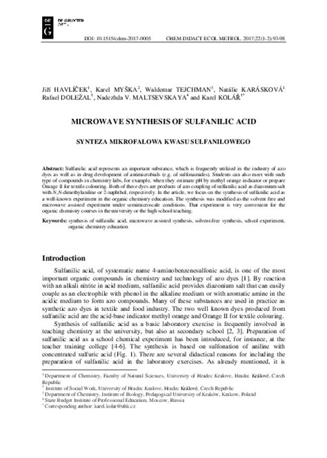 (PDF) Microwave synthesis of sulfanilic acid | Waldemar Tejchman ...