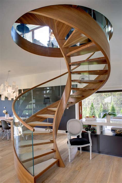 Contemporary Spiral Staircase in Wood and Glass