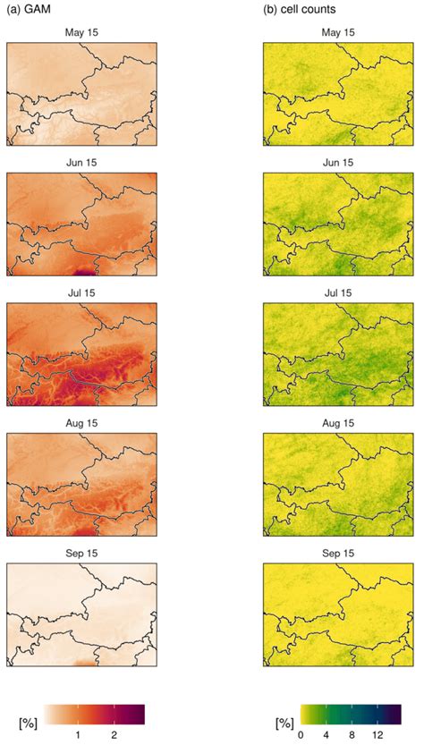 Climatology maps for selected days. a. based on the GAM method, and b.... | Download Scientific ...