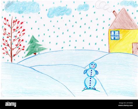 Colorful drawing of house and snowman standing on snowy hills. Winter ...