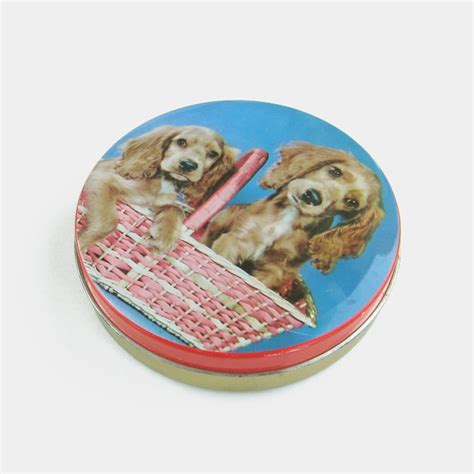 Vintage Spaniel Dogs Tin Dog Treat Puppy in Basket Box Pink Blue Springer King Charles English ...