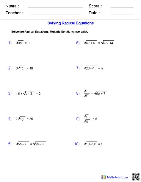 Radical Expression Worksheet