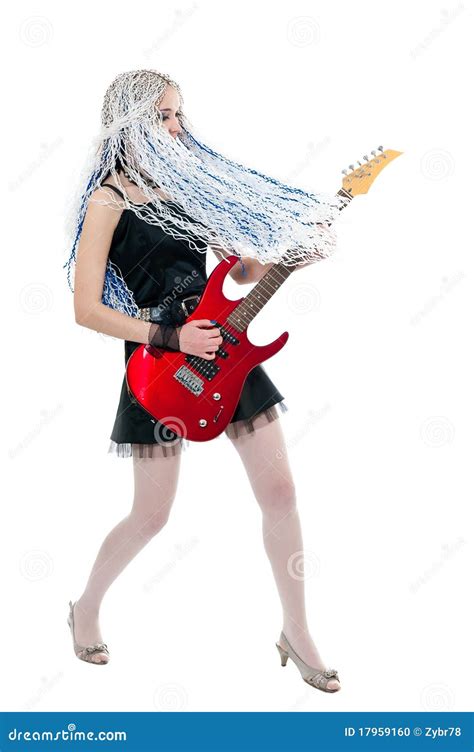 Girl Guitarist With Red Guitar Stock Photo - Image of effort, music ...