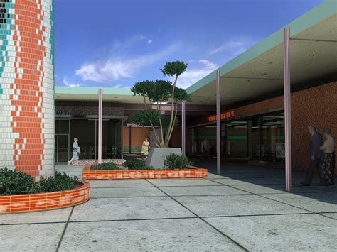 This is a 3D illustration of San Jose's Valley Fair Center, circa 1956. The shopping center ...