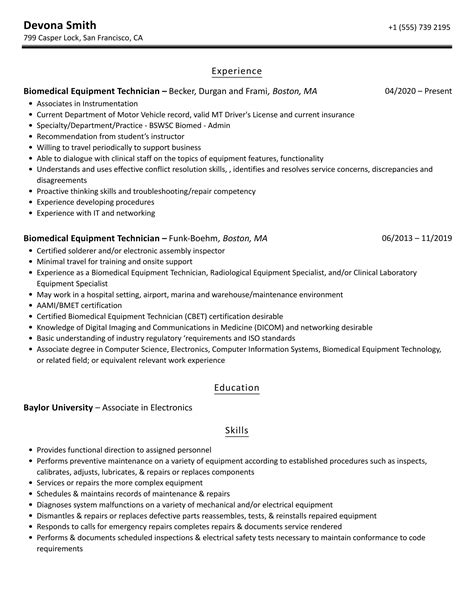 Biomedical Equipment Technician Resume Samples | Velvet Jobs