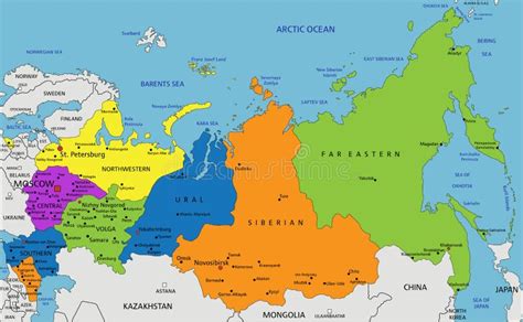 Bunte Politische Landkarte Russlands Mit Deutlich Gekennzeichneten Tanks Schichten. Vektor ...