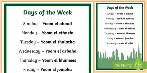 English & Arabic Pronunciation Days of the Week Display