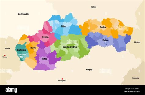 Districts (okresy) of Slovakia colored by regions vector map with ...