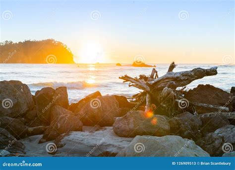 Golden Sunrise Over Mount Maunganui Beach Stock Image - Image of outdoors, blue: 126909513