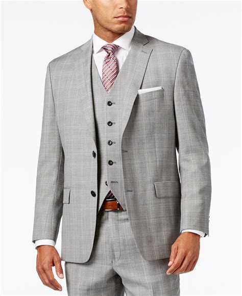 Michael Kors Men's Classic-Fit Light Gray Glen Plaid Vested Suit ...