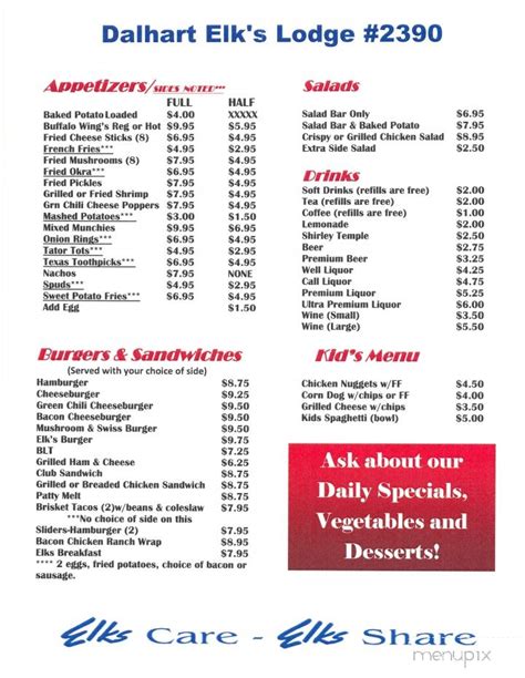 Online Menu of Dalhart Elks Lodge, Dalhart, TX