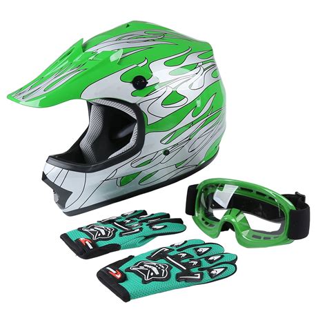 TCMT DOT Helmet for Kids & Youth Green Flame with Goggles & Gloves for Atv Mx Motocross Offroad ...