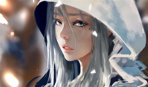 White-haired female anime character with hood, WLOP, digital art ...