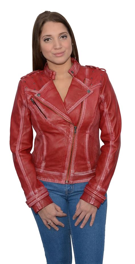 Shaf - Women's Red Sheepskin Leather Asymmetrical Motorcycle Jacket w ...