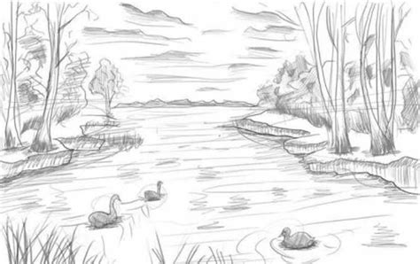 How to draw a Lake: Easy, With Pencils, Scene, In the Background | Landscape art lessons ...