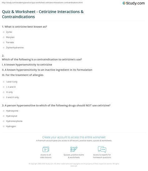 Quiz & Worksheet - Cetirizine Interactions & Contraindications | Study.com