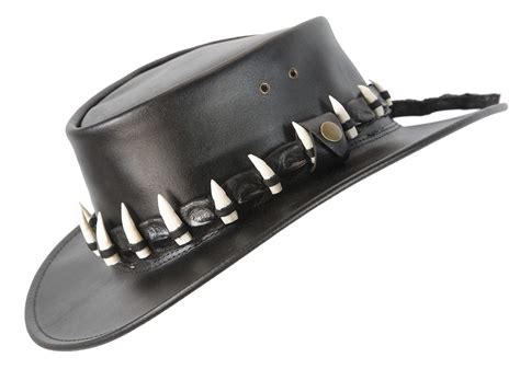 Buy Australian Crocodile Dundee Black Leather Hat with 15 Crocodile Teeth. Original Made in ...
