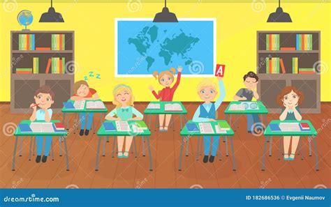 School Children Learning at Classroom, Little Students Sitting at Desks at School Lesson Vector ...