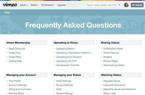 Frequently Asked Questions (FAQ) design pattern example at Vimeo - 8 of 11