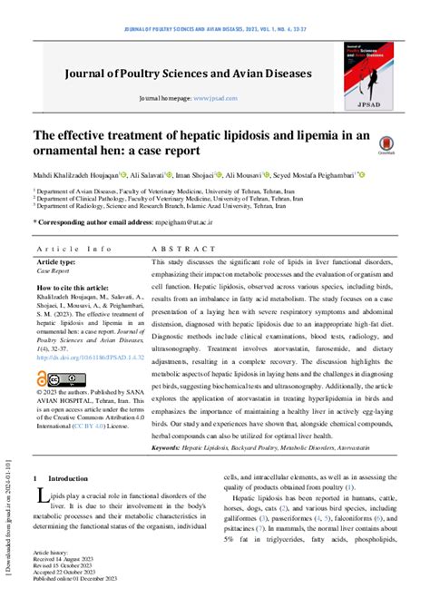 (PDF) The effective treatment of hepatic lipidosis and lipemia in an ornamental chicken: a case ...