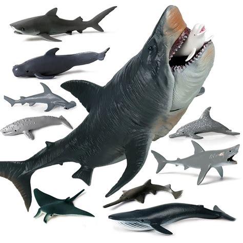 11pcs Cretoxyrhina Megalodon Hunting Marine Animals Shark Whale Dolphin Model Realistic ...