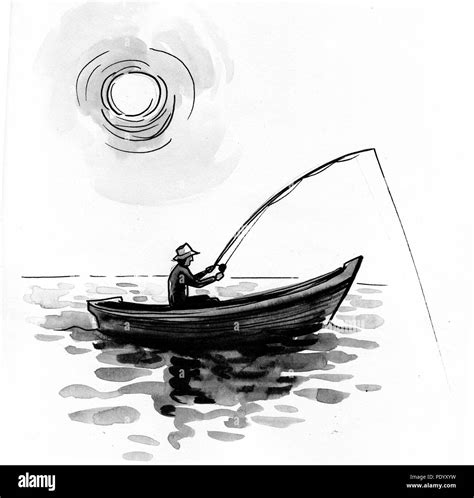 Fishing man in the boat. Ink black and white drawing Stock Photo - Alamy