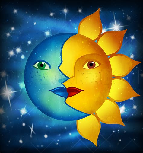 the sun and moon face together in front of stars on a black background ...