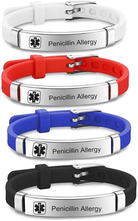 Penicillin Allergy Medical Allergy Bracelet for Kids,4Pcs Boys Girls Stainless Steel Adjusted ...