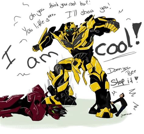 a drawing of a yellow and black robot with words written all over it that say, i am cool