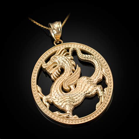 Yellow Gold Chinese Dragon Oval Medallion Pendant Necklace