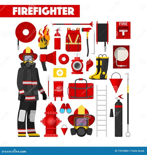 Profession Firefighter Icons Set with Firefighters Equipment Stock ...