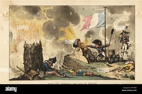 Napoleon working the gun at the Siege of Toulon, 1793. Handcoloured copperplate engraving by ...