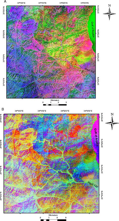 (A) ASTER band-ratio images 4/7-3/4-2/1 in RGB. (B) ASTER band-ratio... | Download Scientific ...