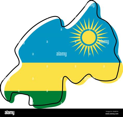 Stylized outline map of Rwanda with national flag icon. Flag color map ...