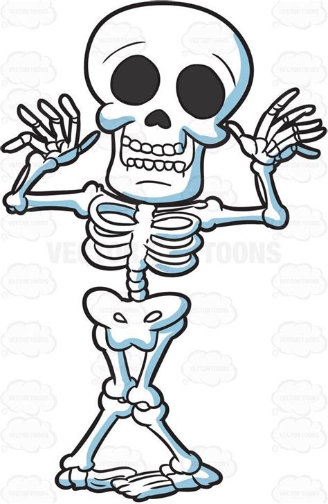 a skeleton standing on one leg with his hands in the air