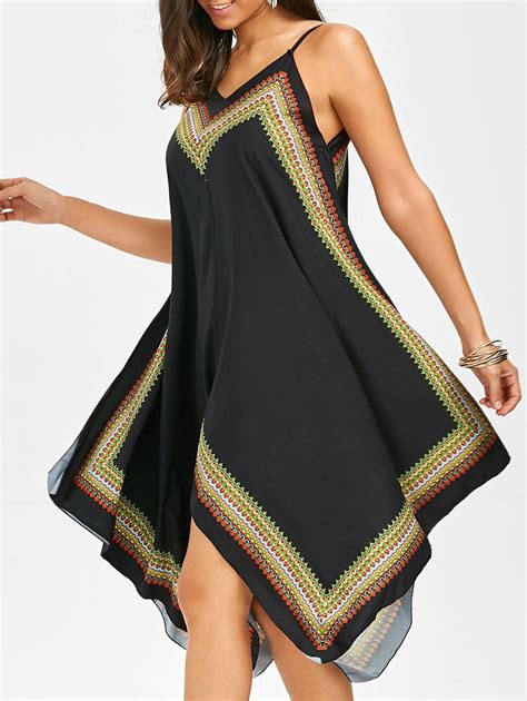 2018 Boho Print Handkerchief Slip Dress In Black Xl | Rosegal.com