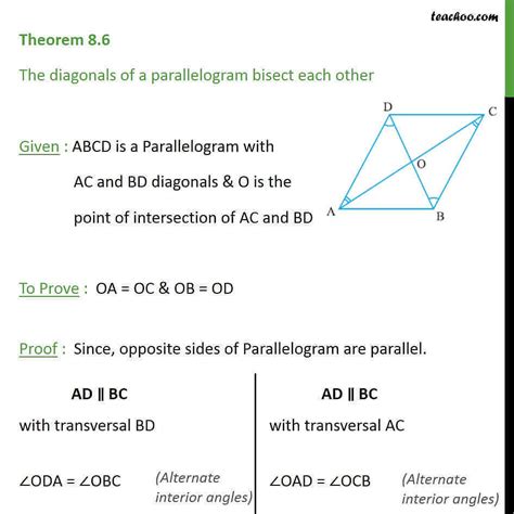 Theorem 8.6 - Class 9 - Diagonals of a parallelogram bisect each other